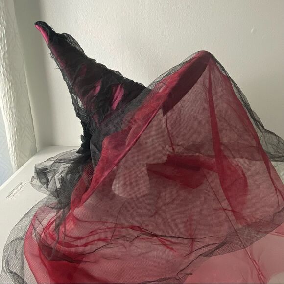 Halloween Red Black Mesh Witchy Hat Black Roses ‎ Whimsigoth Grunge Cosplay OS - Picture 7 of 10